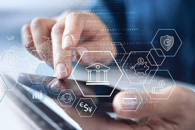 2026 Industry Outlook; A person interacts with a tablet, overlaid with digital financial icons such as a bank, currency symbols, and security, symbolizing online banking.