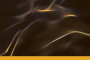 Driving Innovation With AI; A mesmerizing digital wave composed of glowing golden dots on a dark background, creating a sense of dynamic flow and depth. Modern and abstract.