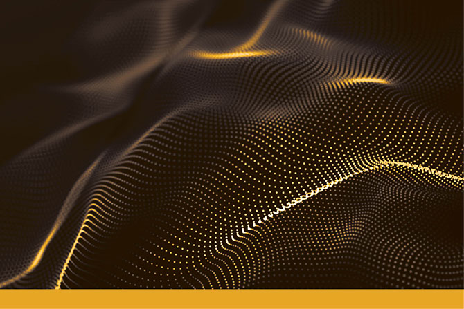 Driving Innovation With AI; A mesmerizing digital wave composed of glowing golden dots on a dark background, creating a sense of dynamic flow and depth. Modern and abstract.