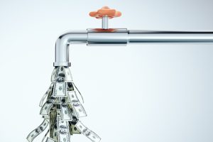 How Deposit Flows Are Reshaping the U.S. Banking Landscape; A metallic faucet with an orange handle pours out numerous dollar bills, conveying a theme of wealth and abundance. The background is light gray.