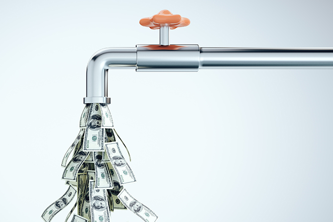 How Deposit Flows Are Reshaping the U.S. Banking Landscape; A metallic faucet with an orange handle pours out numerous dollar bills, conveying a theme of wealth and abundance. The background is light gray.