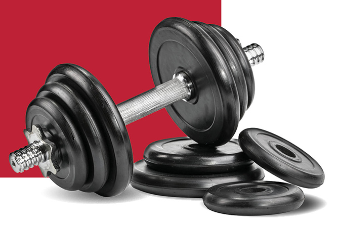 It’s Time To Hit the Weights; A metal dumbbell with black weight plates lies on a white and red background. Additional plates are on the ground, conveying a sense of strength and fitness.