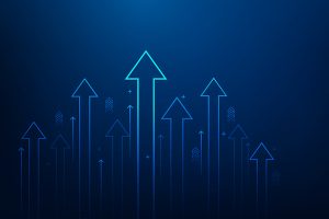 Moving Beyond ‘Set It and Forget It’; Blue background with multiple upward-pointing arrows of varying sizes and opacity, symbolizing growth and progress. The tone is dynamic and optimistic.