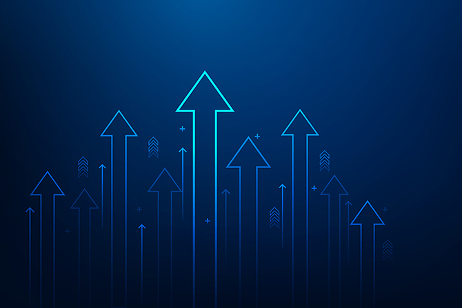 Moving Beyond ‘Set It and Forget It’; Blue background with multiple upward-pointing arrows of varying sizes and opacity, symbolizing growth and progress. The tone is dynamic and optimistic.