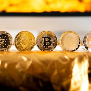 Row of cryptocurrency coins